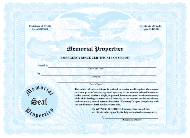 Memorial Properties pre-planning certificate of credit Memorial Properties pre-planning certificate of credit